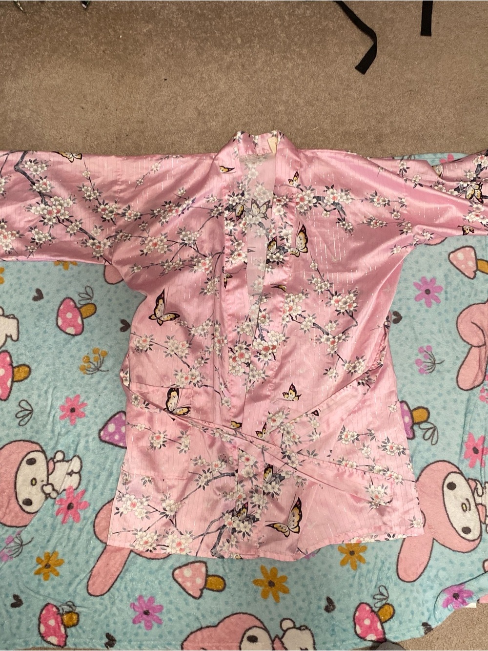 Pink Floral Butterfly Satin Kimono